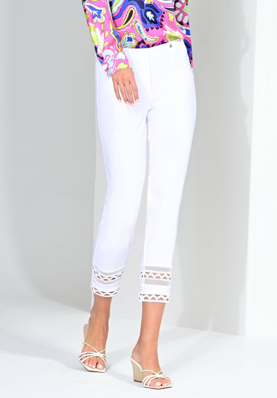 White Marie Straight Leg Trousers with Crocheted Pattern