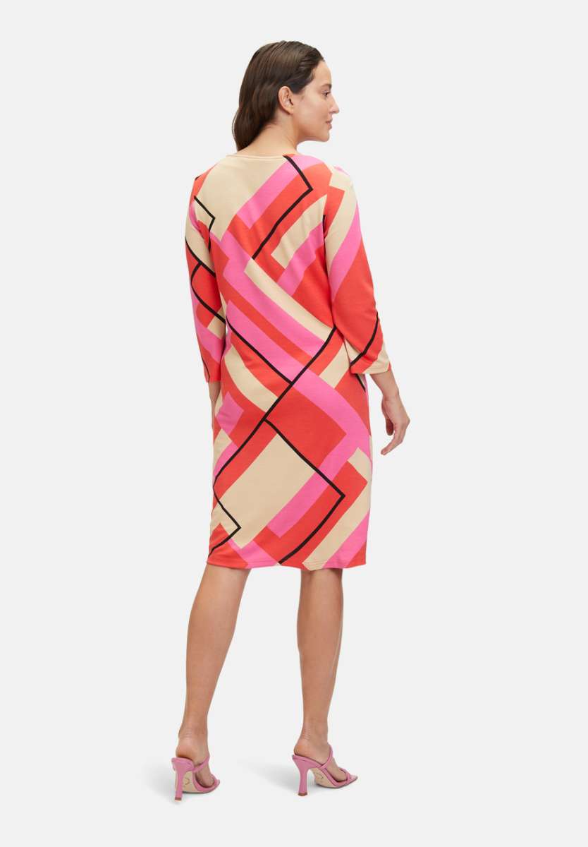 Red, Pink & Beige Round Neck Dress with Geometric Print & 3/4 Sleeves