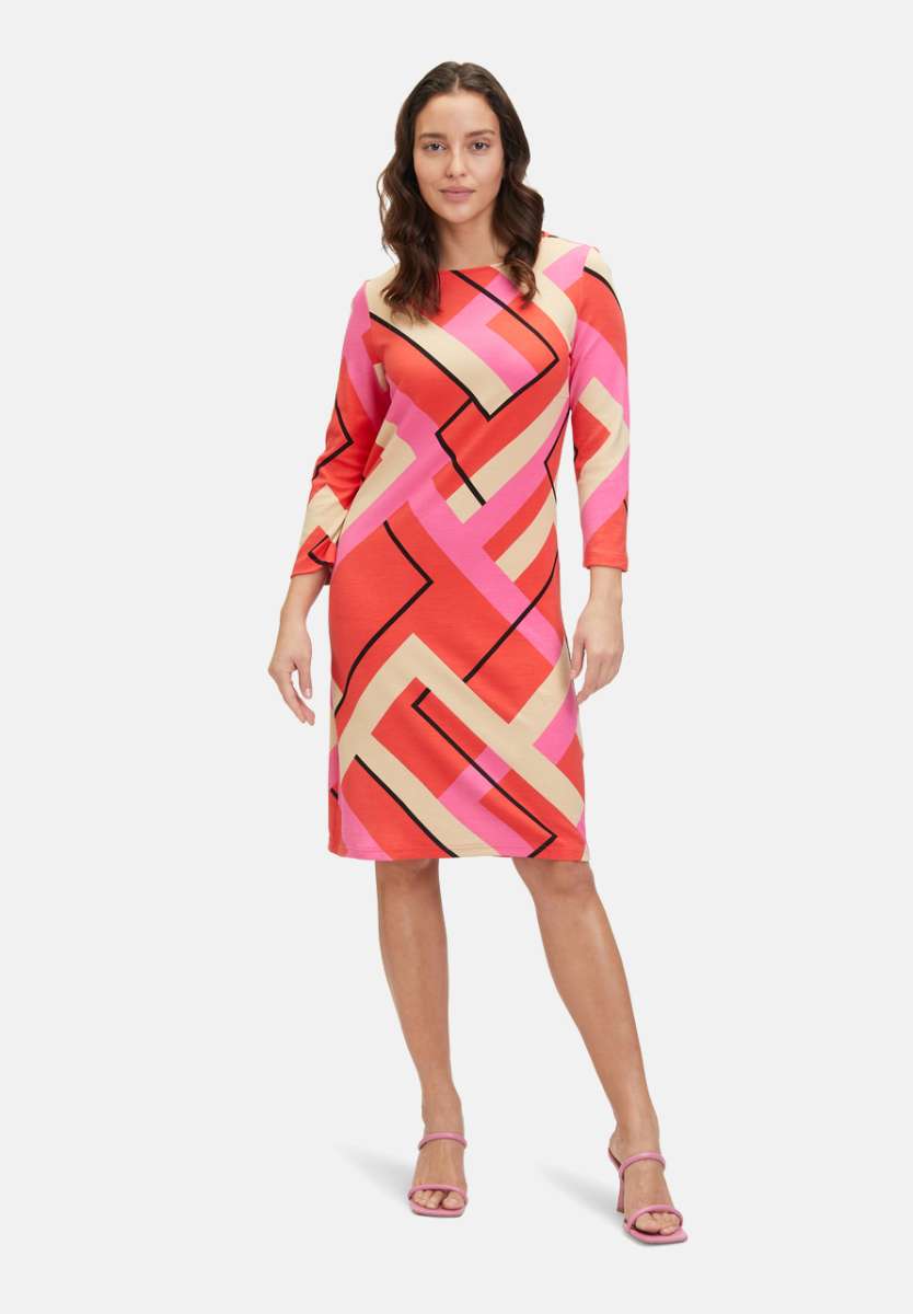 Red, Pink & Beige Round Neck Dress with Geometric Print & 3/4 Sleeves