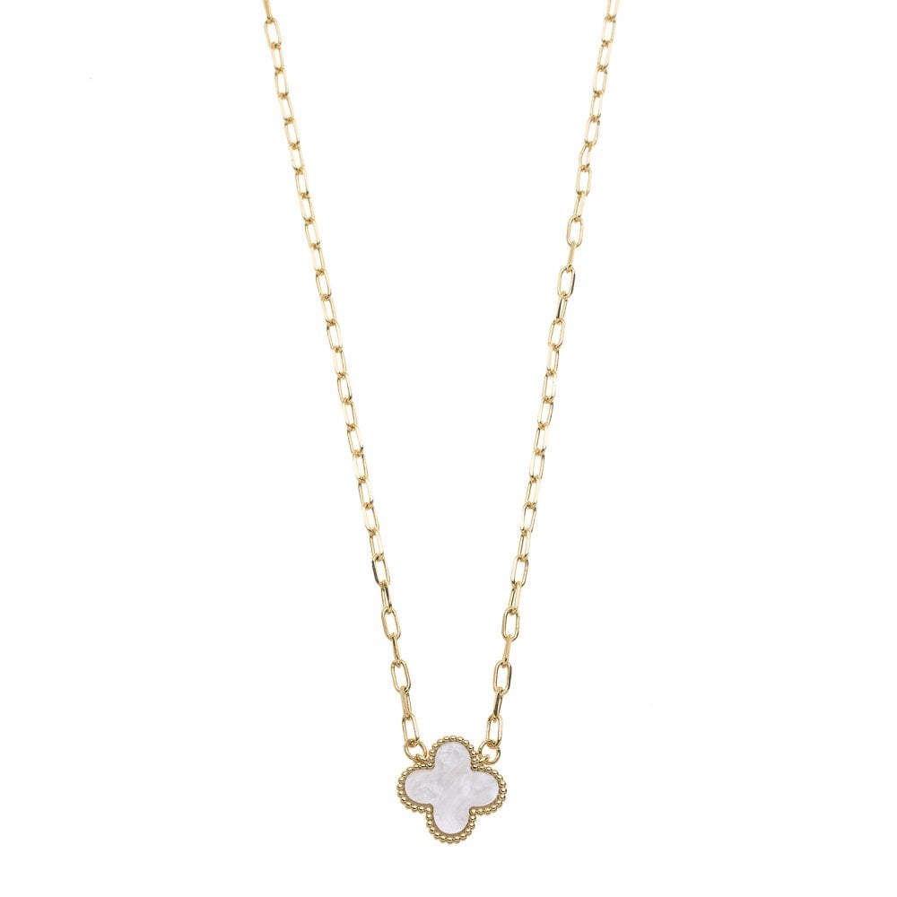 Four Leaf Clover White and Gold Chain Necklace