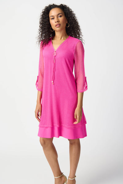 Joseph Ribkoff Ultra Pink Layered Dress with Boucle Mesh