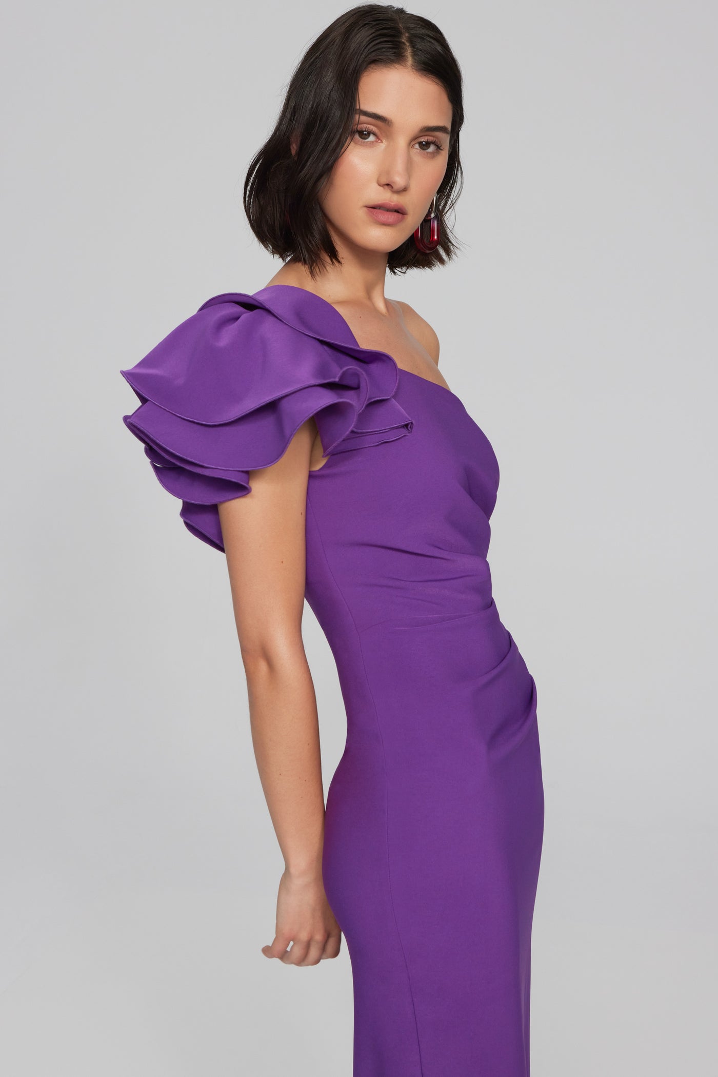 Joseph Ribkoff Purple One Shouldered Dress with Frill Detail