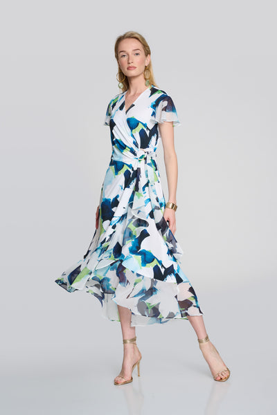 Joseph Ribkoff Off-White and Blue Silky Knit And Chiffon Floral Wrap Dress
