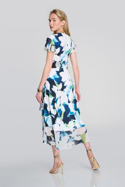 Joseph Ribkoff Off-White and Blue Silky Knit And Chiffon Floral Wrap Dress
