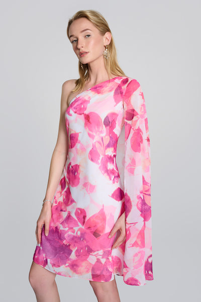 Joseph Ribkoff Pink & Vanilla Chiffon Floral One Shoulder Cape Dress
