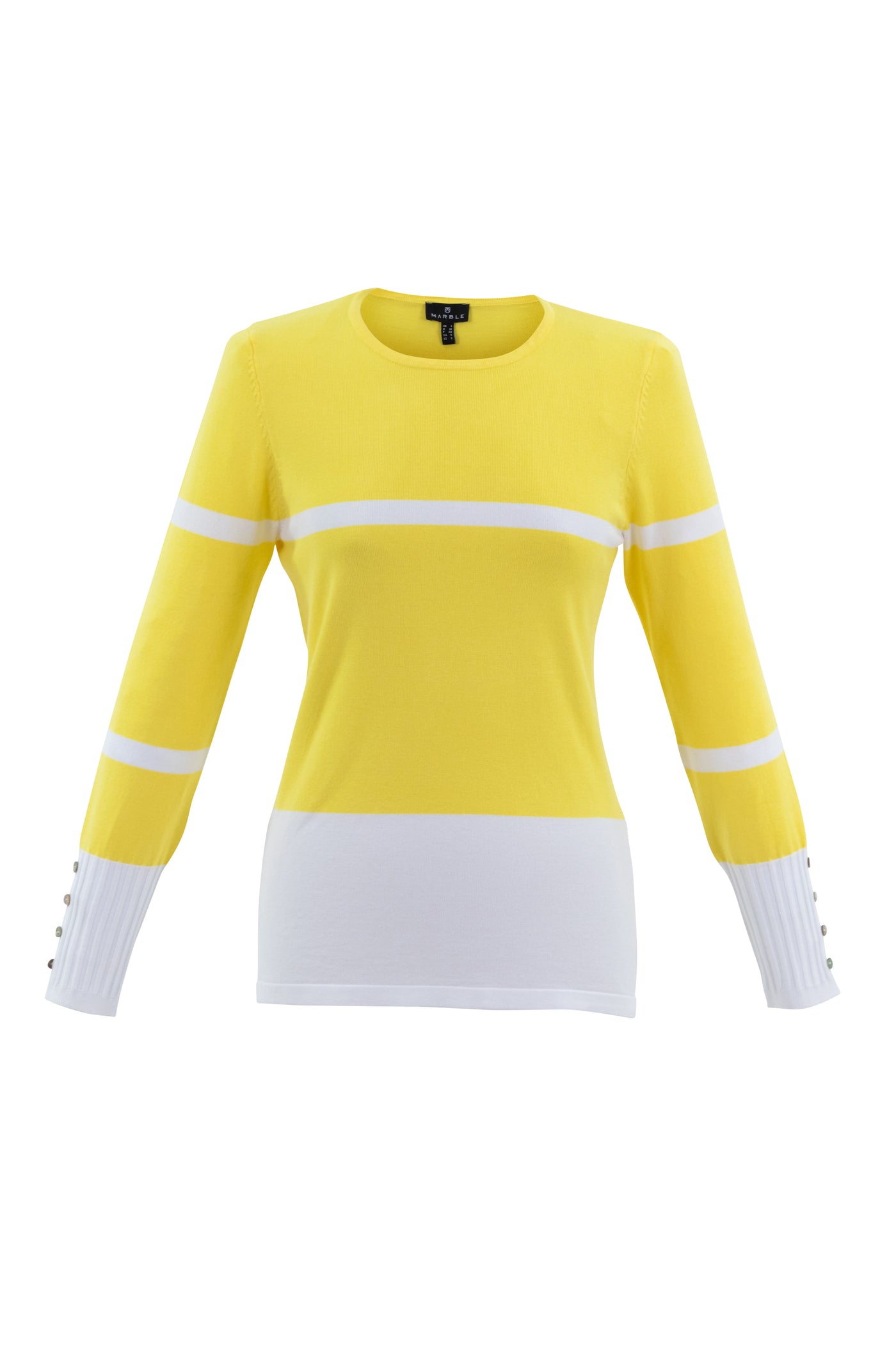 Yellow Jumper With White Stripe and Button Cuff Detailing