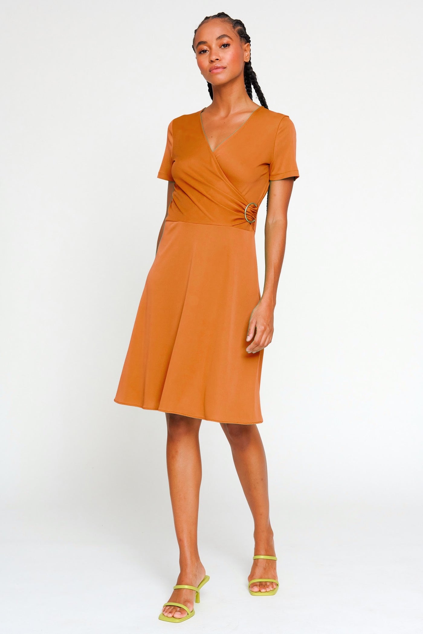 Orange V-Neck Wrap Style Short Sleeve Dress With Buckle Detailing