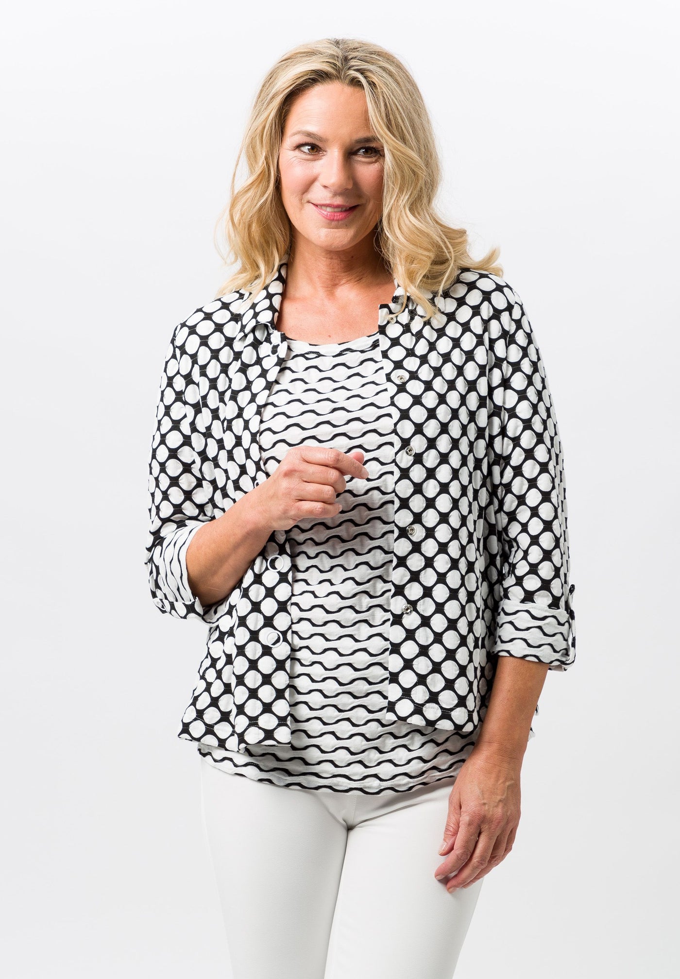 Polka Dot Clip Close Jacket With 3/4 Sleeve and Front Pockets