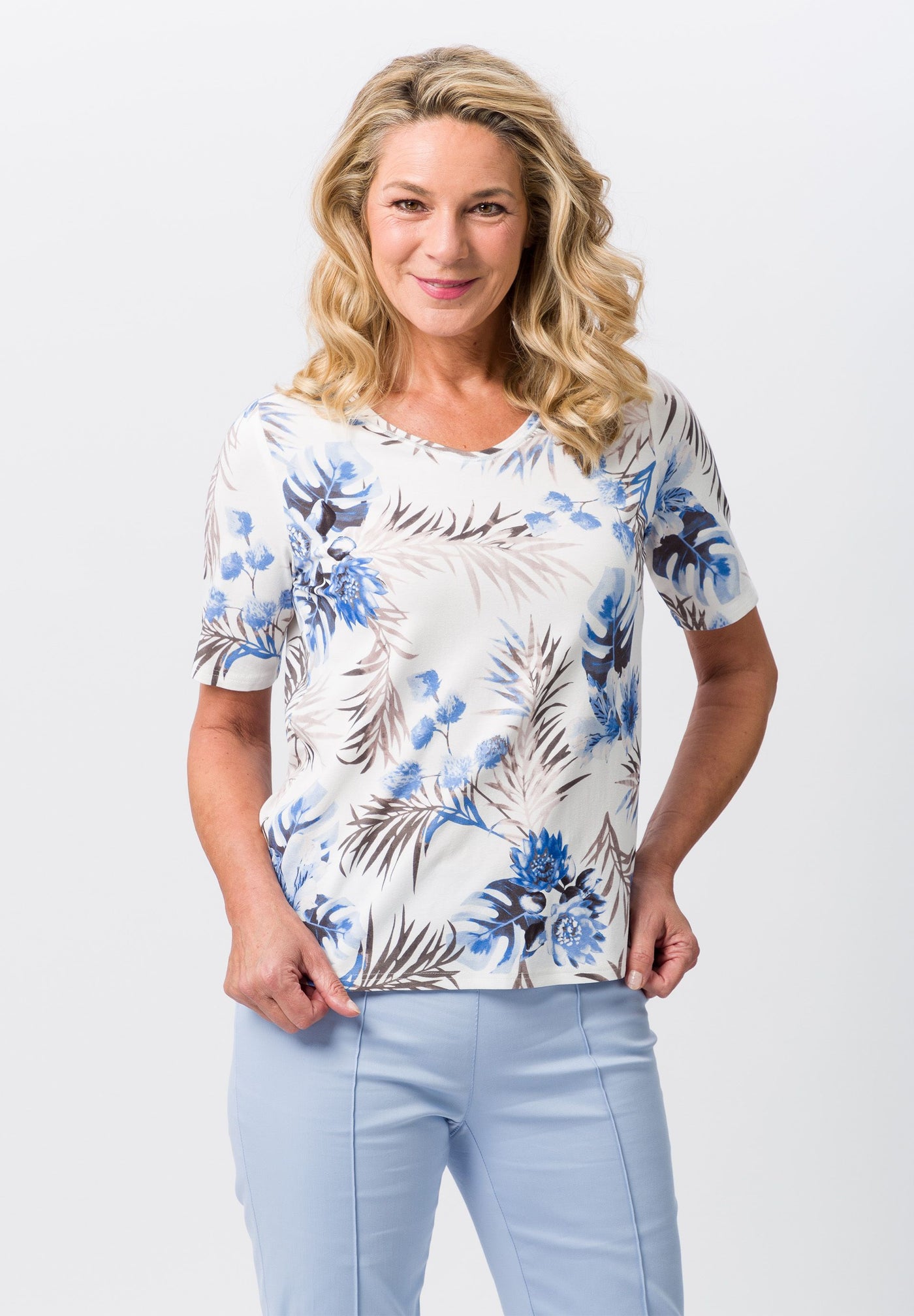 Pale Blue, Brown & White Round Neck Top with Short Sleeves