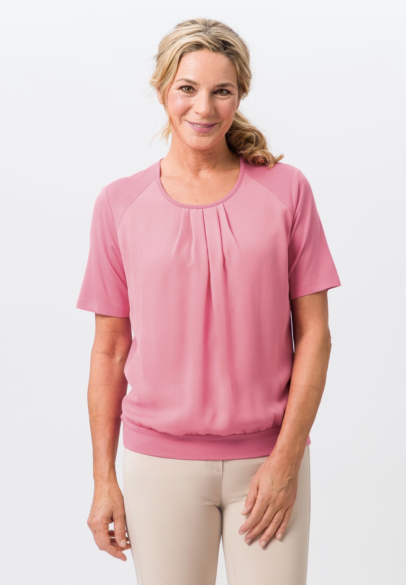 Pale Pink Short Sleeved T-Shirt with Pleated Front