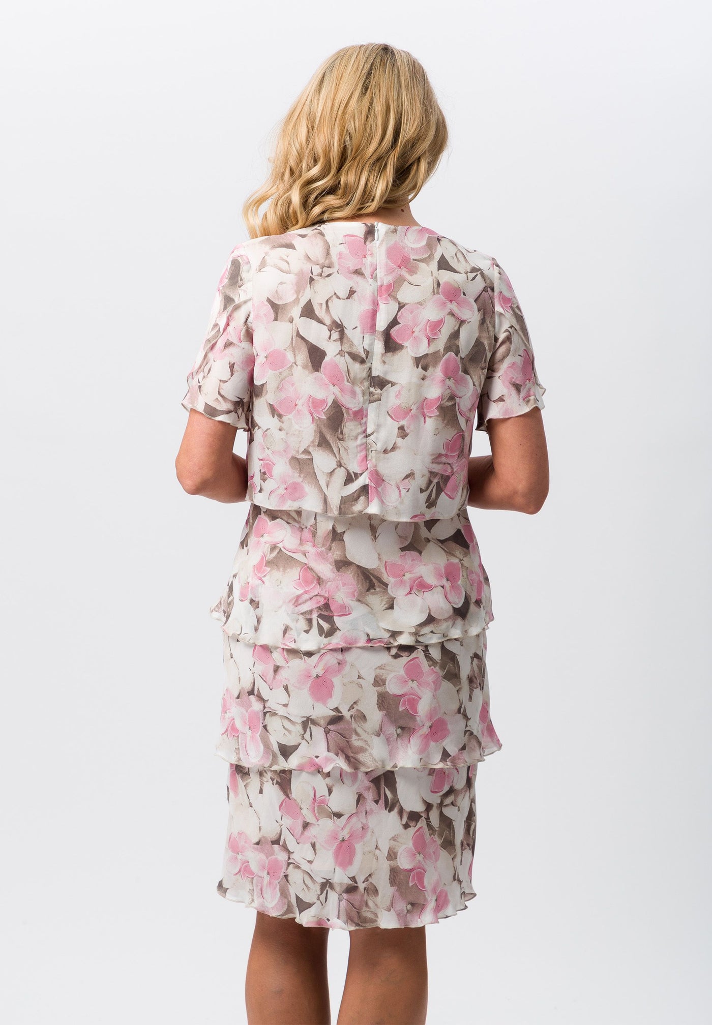 Cream & Beige Layered Dress with Pink Floral Pattern