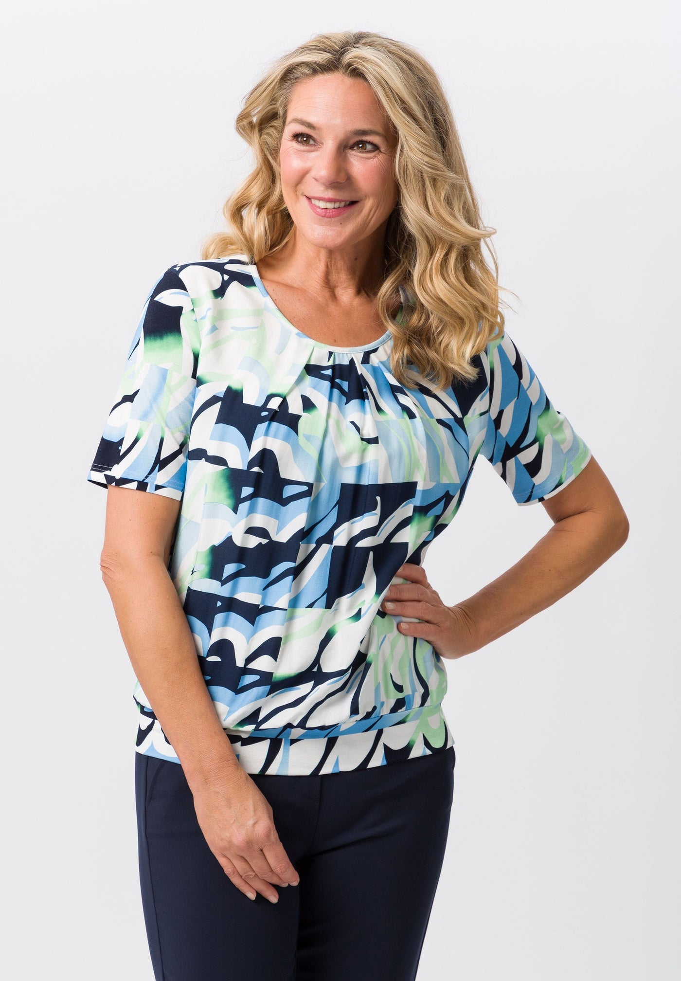 Blue, Green & Navy Round Neck Top with Pleated Front