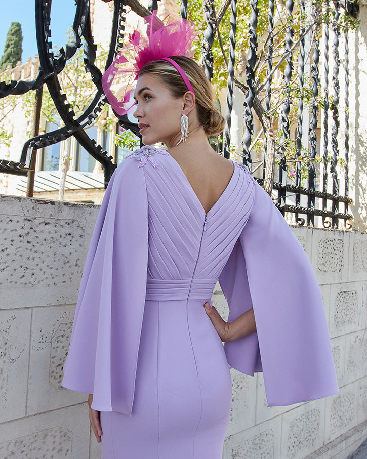 Light Purple V-Neck Dress with Cape Style Sleeves & Shoulder Embellishment