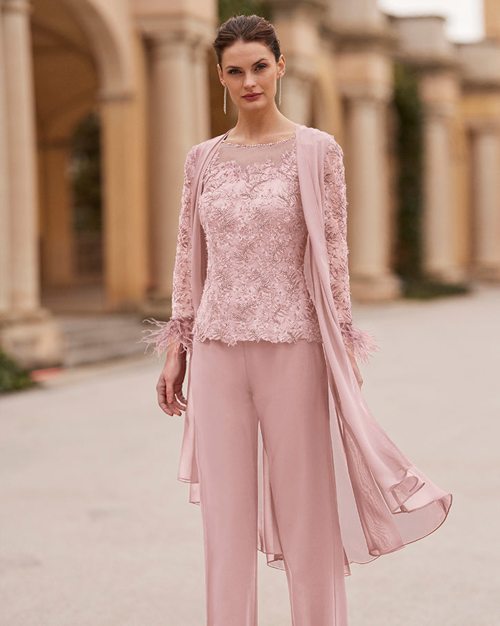 3 Piece Pale Rose Trouser Suit With Embroidered & Feather Detail