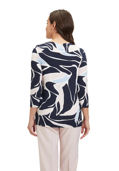 Navy & Pink Abstract Print 3/4 Sleeve Top with Neck Detail