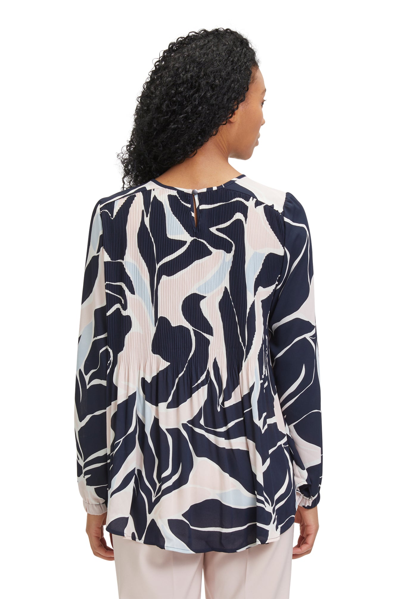Navy & Pink Abstract Print Pleated Long Sleeve Top