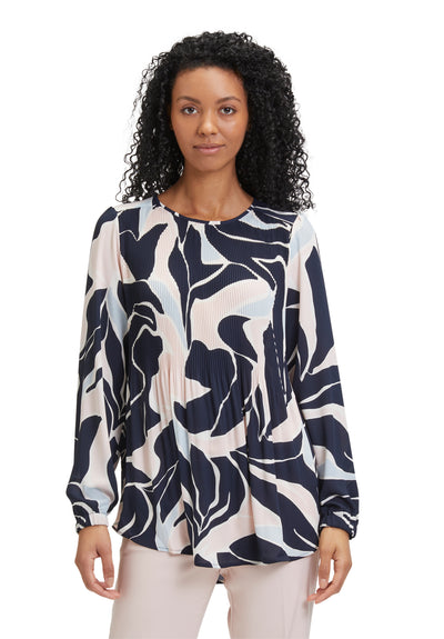 Navy & Pink Abstract Print Pleated Long Sleeve Top