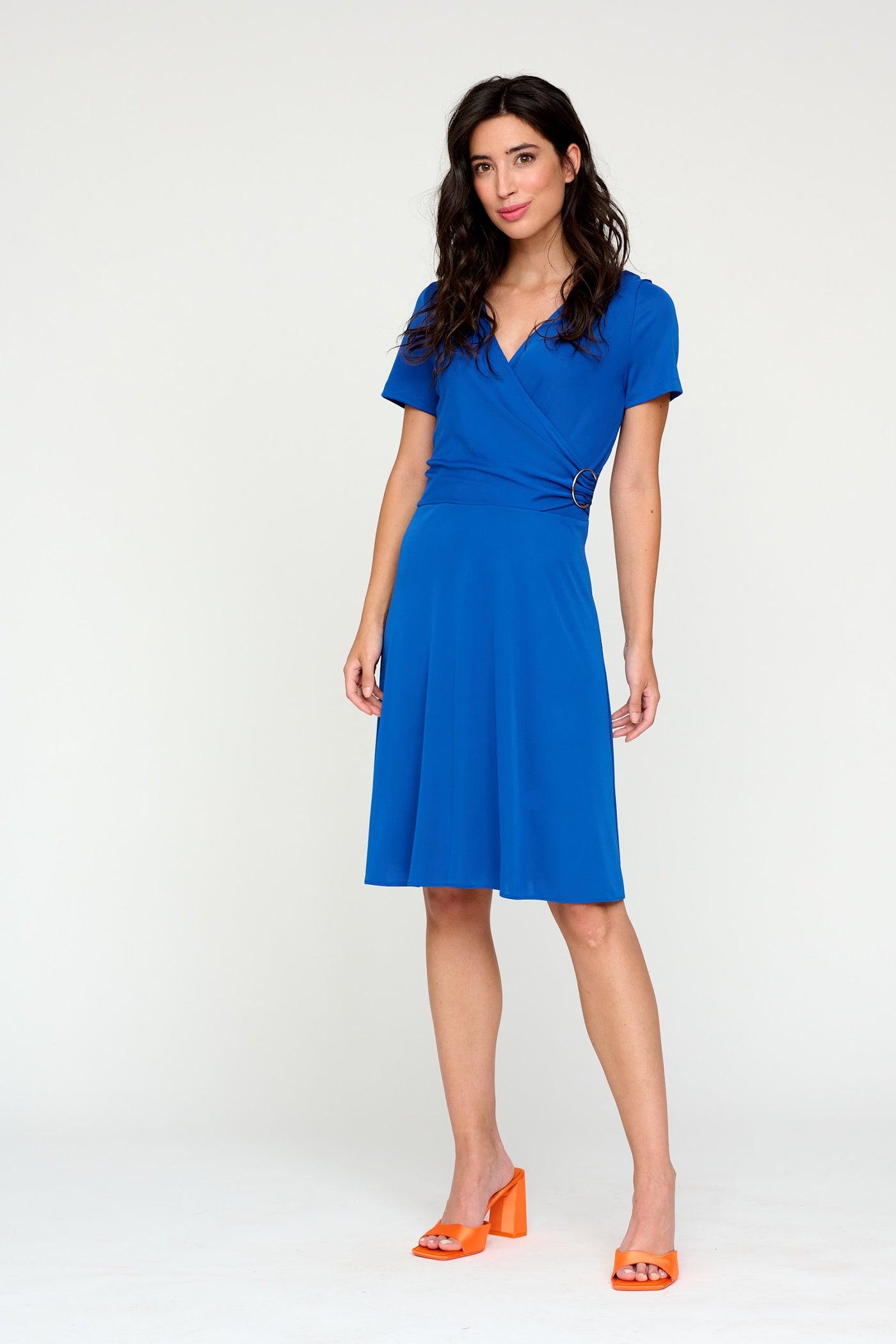 Blue V-Neck Wrap Style Short Sleeve Dress With Buckle Detailing