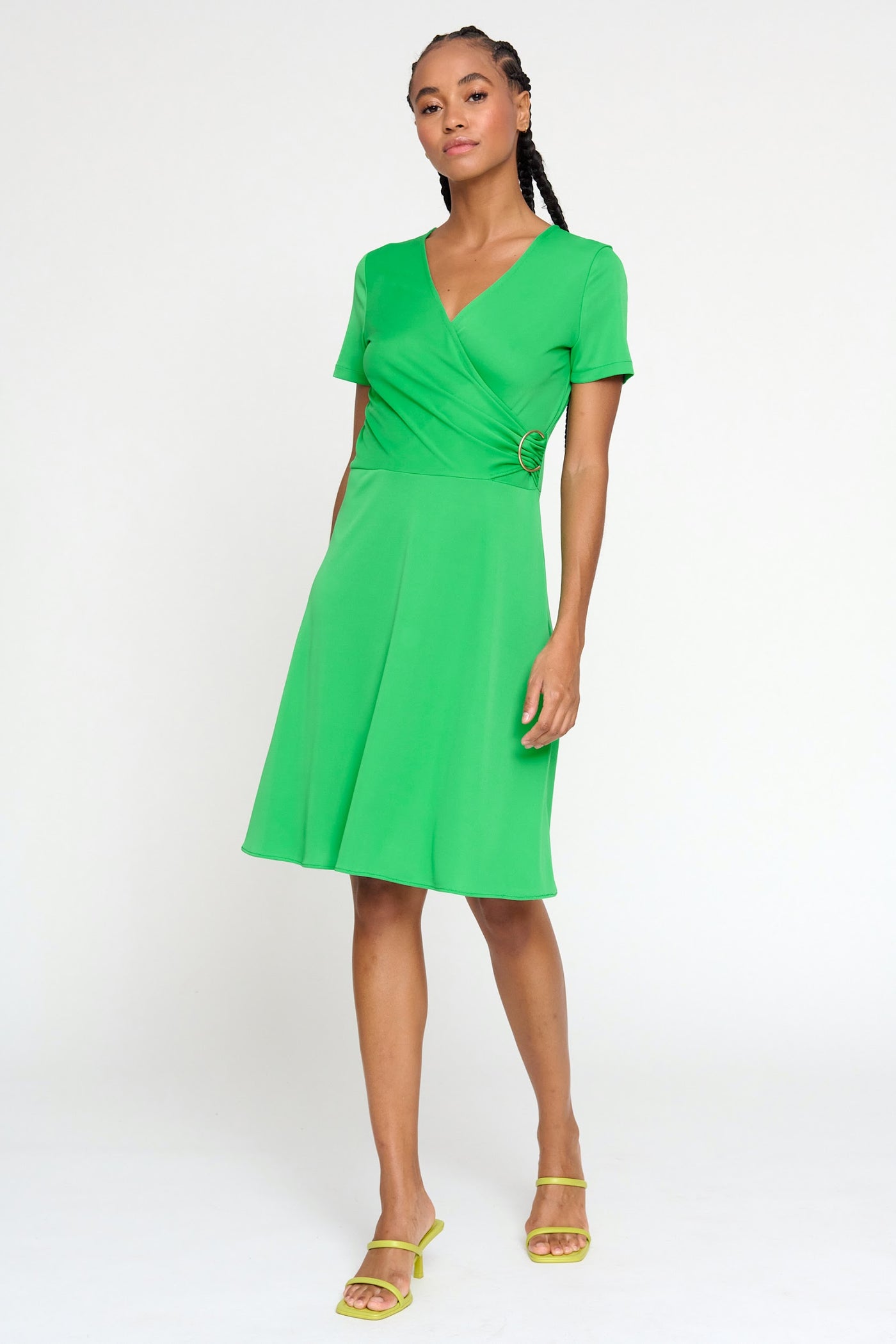 Green V-Neck Wrap Style Short Sleeve Dress With Buckle Detailing