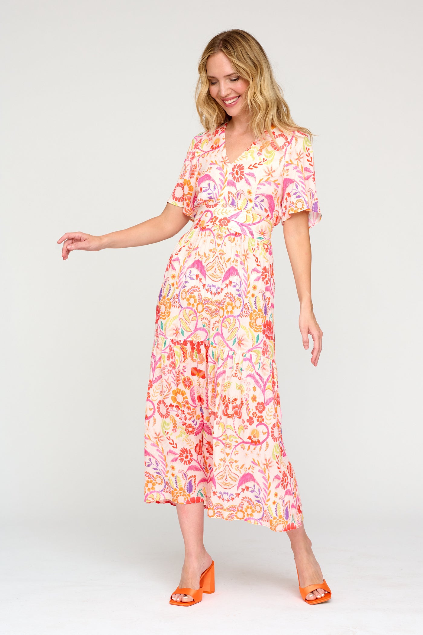 Pink & Orange Floral Dress with Bell Sleeve