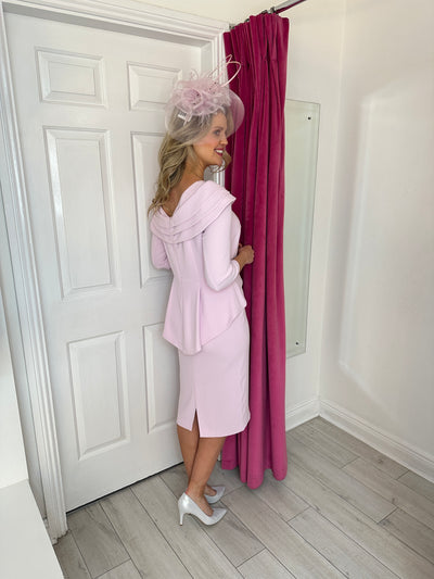 Blush Pink Dress With Peplum Effect & Diamonte Detail