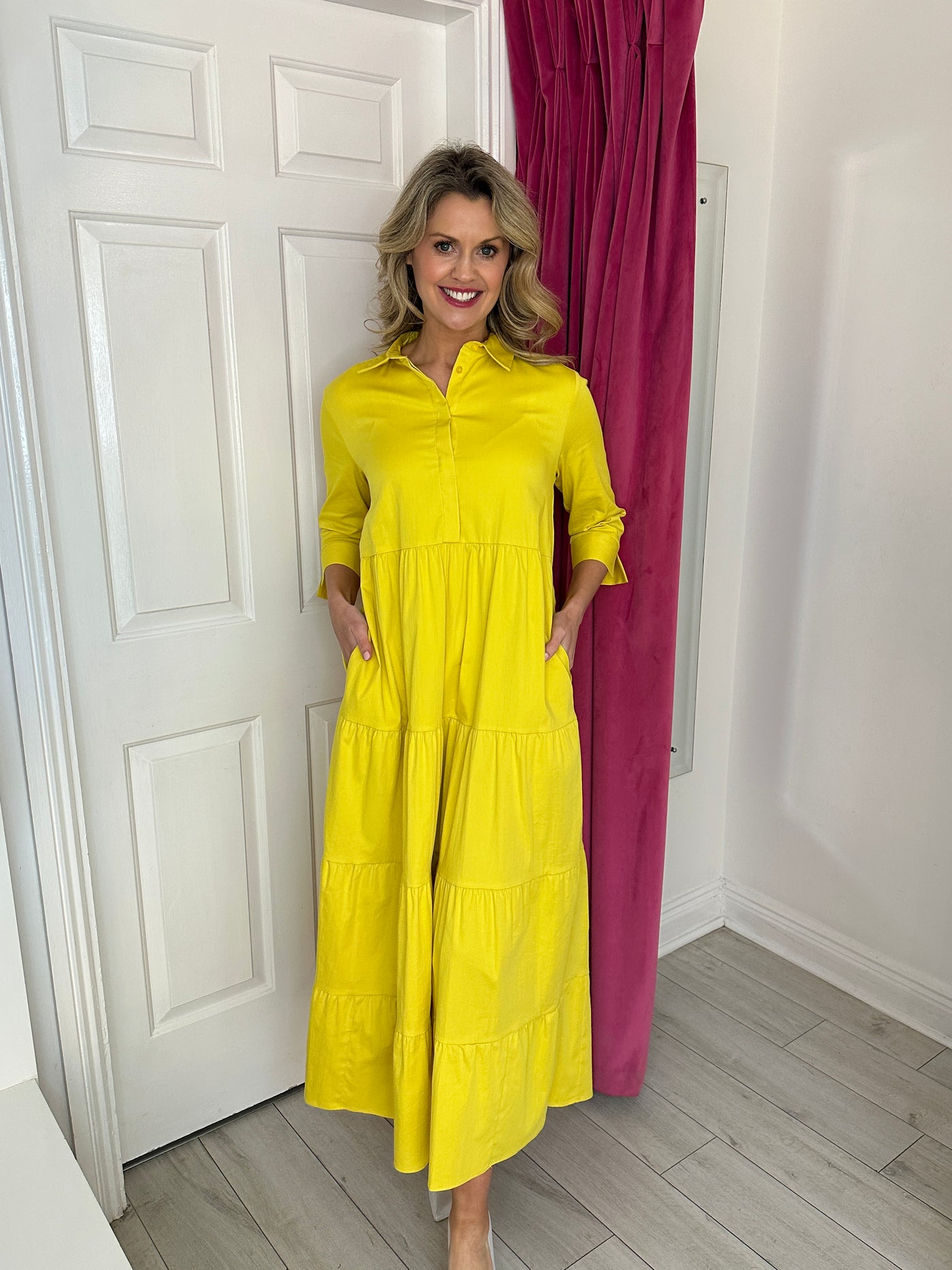 Yellow Maxi Dress with Pockets & 3/4 Sleeves