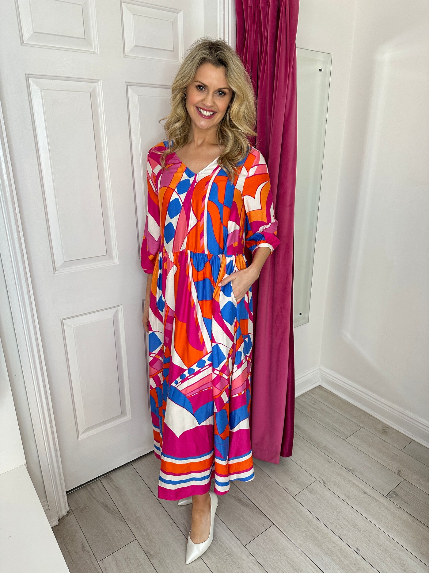 Bright Pink, Orange, and Blue Maxi Dress with V-Neck and 3/4 Sleeves