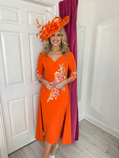 Orange Dress With Floral Detail & Trail