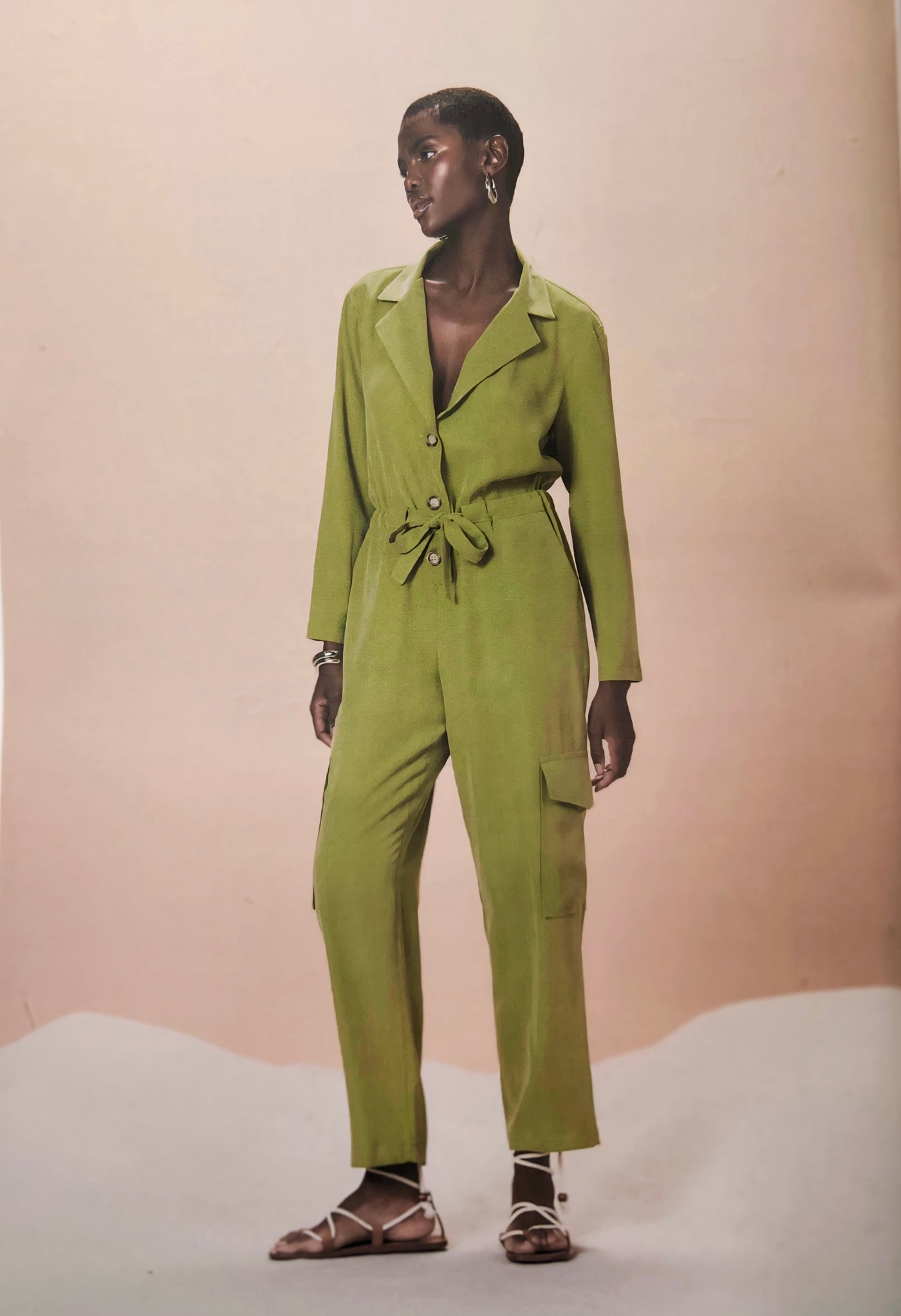 Olive Green Jumpsuit With Belt Tie & Pocket Detailing