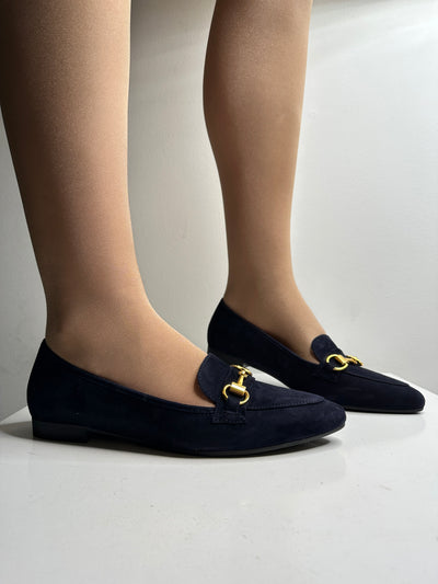 Navy Suede Feel Pointed Toe Loafer with Gold Buckle