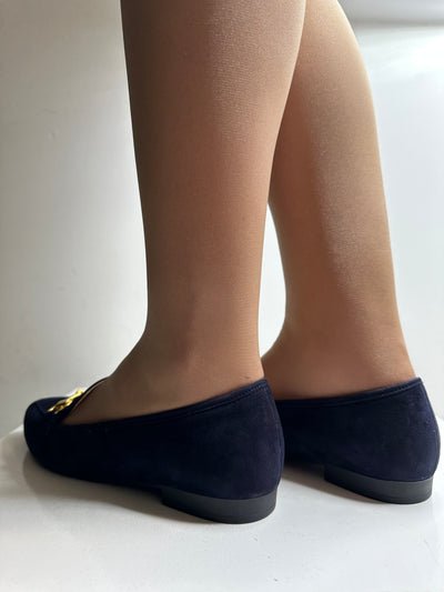 Navy Suede Feel Pointed Toe Loafer with Gold Buckle