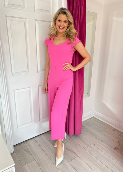 Candy Pink V-Neck Wide Leg Jumpsuit With Short Sleeves