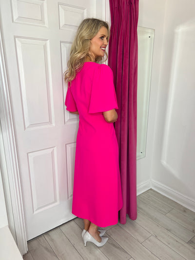 Hot Pink Dress With Ruffle Sleeves & Wrap Style Detailing