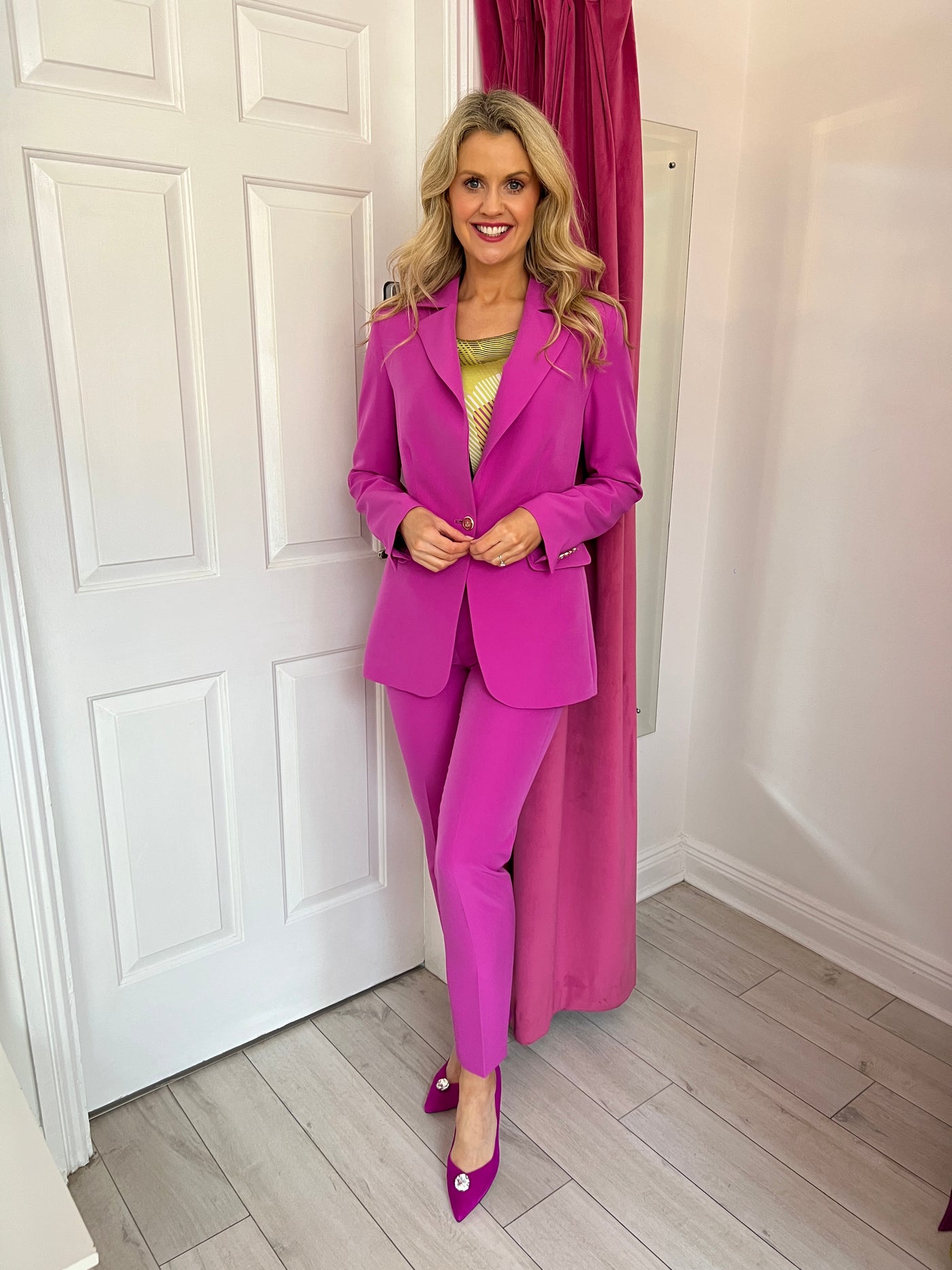 Purple Trouser Suit With Gold Buttons & Pocket Detailing