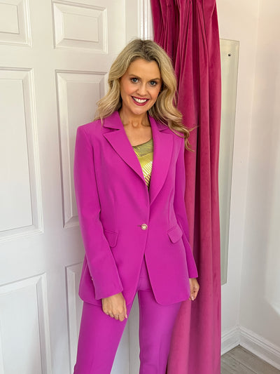 Purple Trouser Suit With Gold Buttons & Pocket Detailing