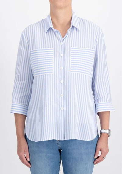 Light Blue & White Striped High Low Shirt with Pockets