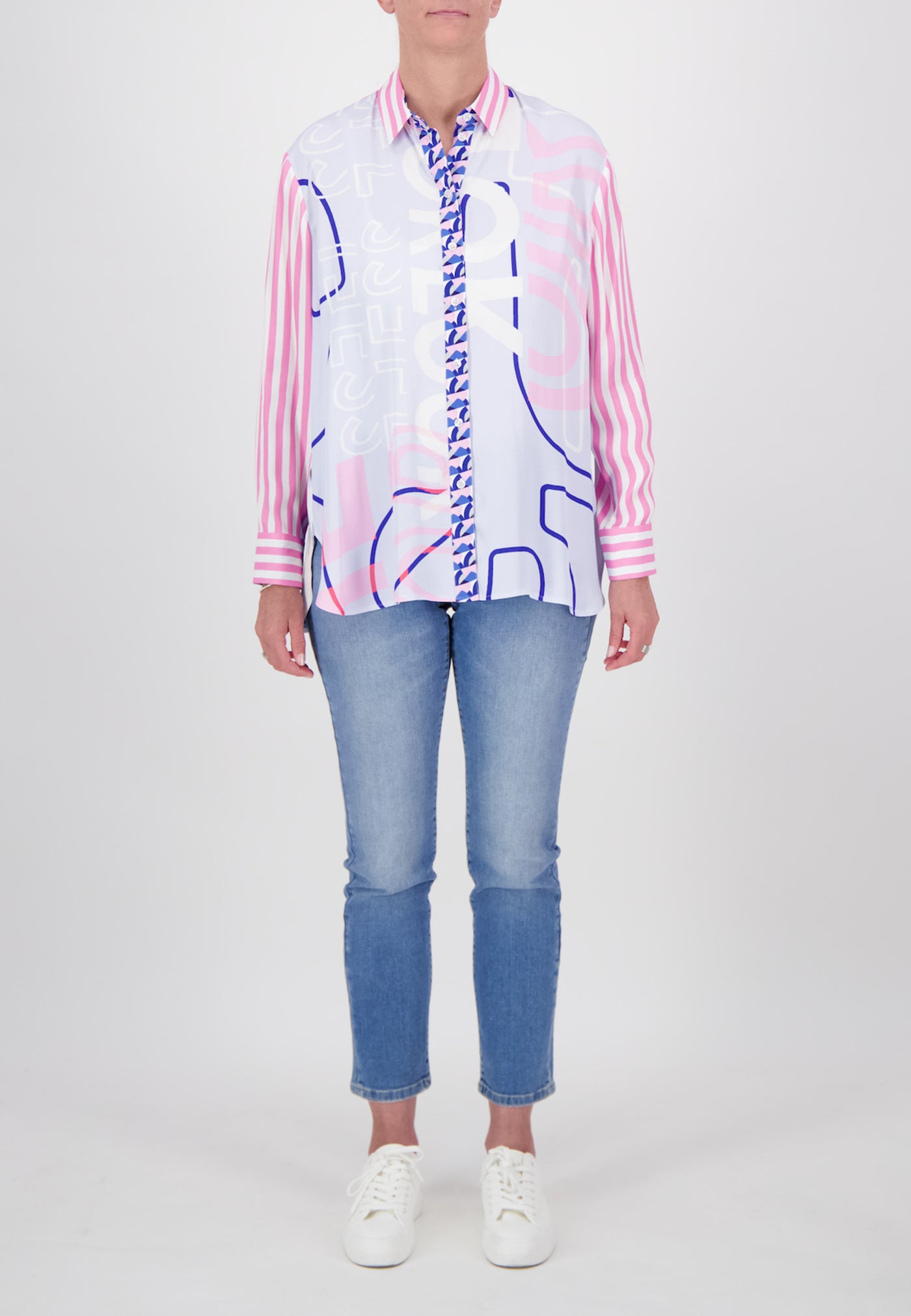 Pink & Blue Silk Feel Graphic Print Shirt with Hem Slit