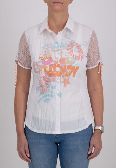 White Button Up Shirt With Graphic Print And Mesh Draw String Sleeve