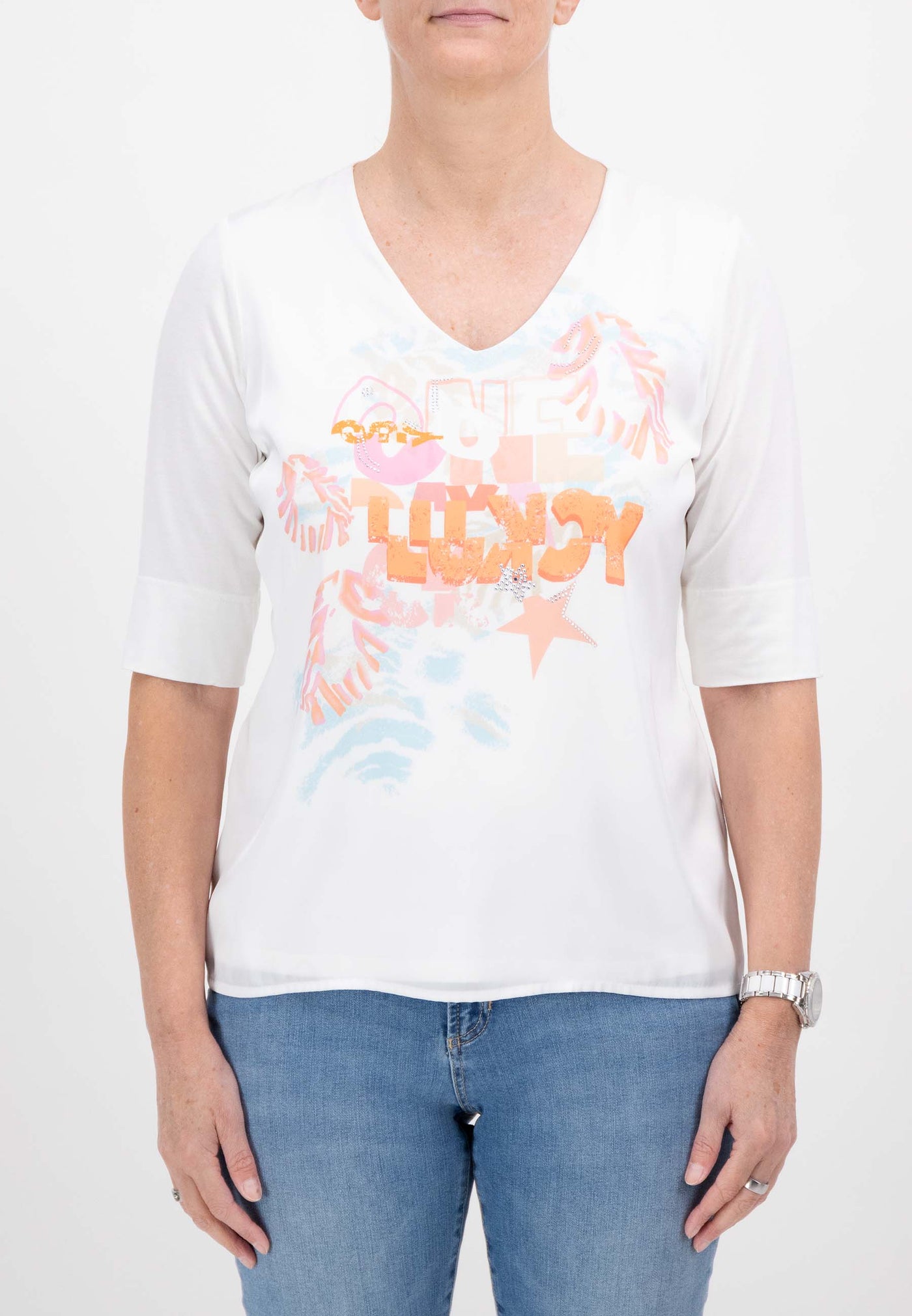 Cream V-Neck T-shirt With 3/4 Sleeves & Graphic Print Detail