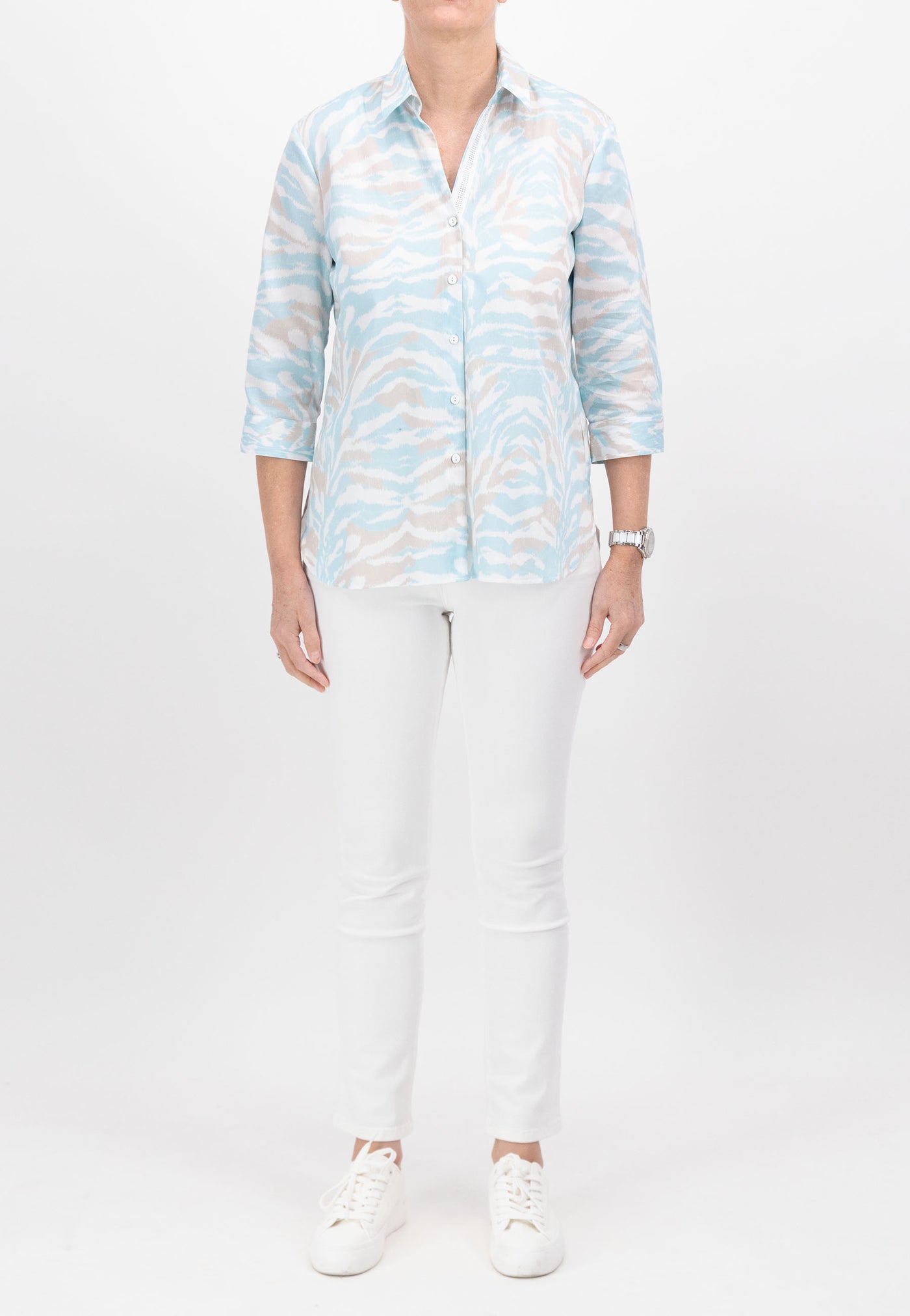 Blue/White/Beige Button Shirt With Diamond Trim