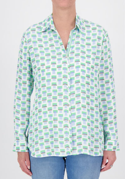 Green/White/Blue Printed Shirt With Collar