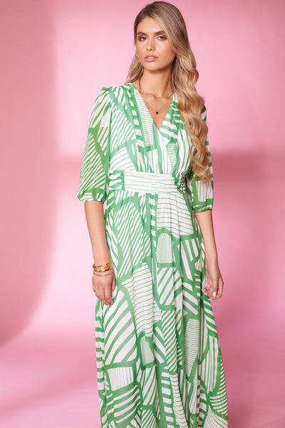 Green & White Long Dress With Gathered Waist