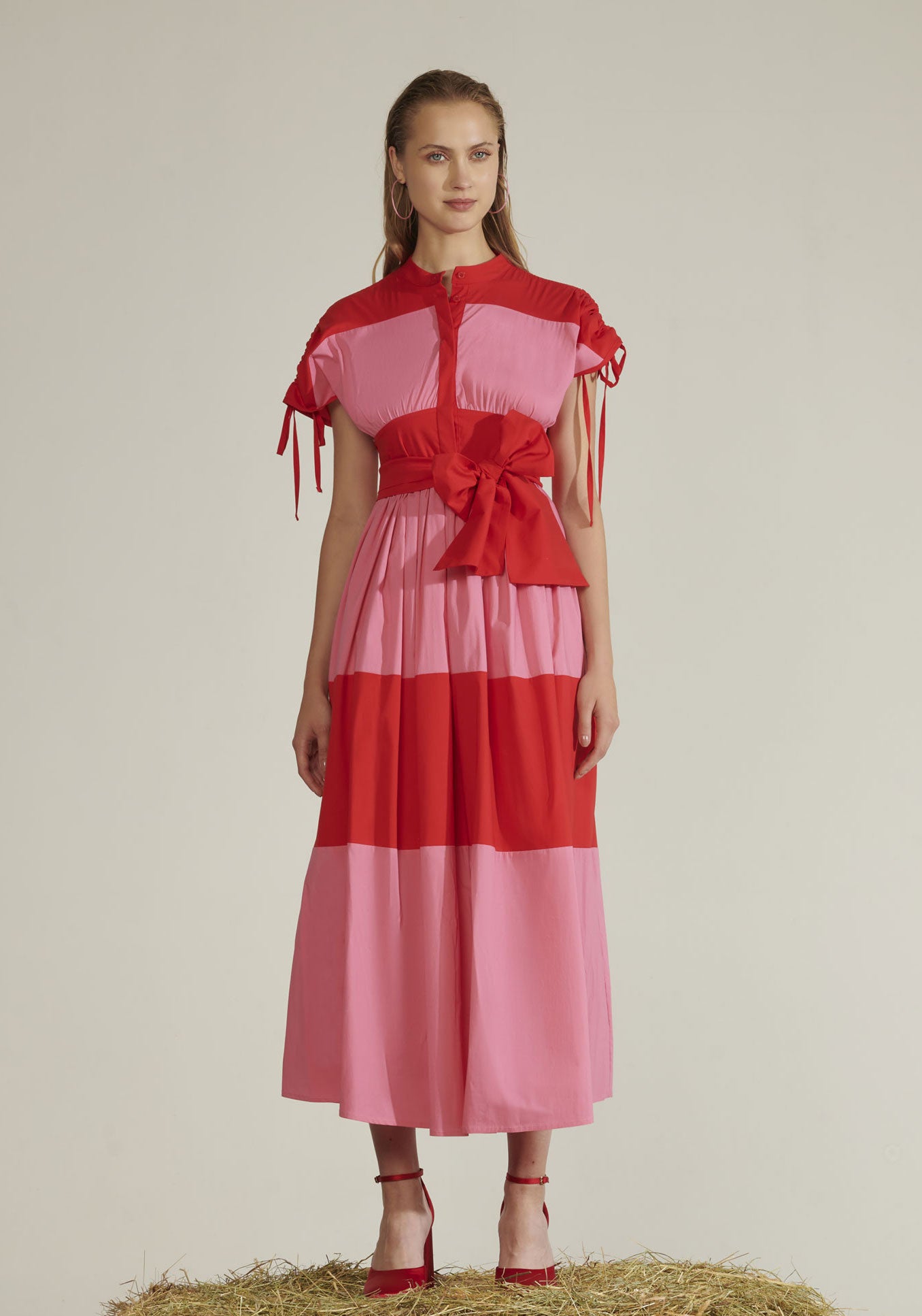 Red and Pink Striped Dress With Belt