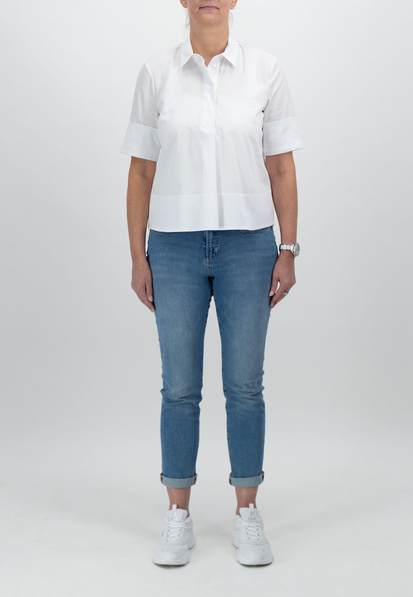 White Short Sleeve Blouse WIth Collar & Concealed Buttons