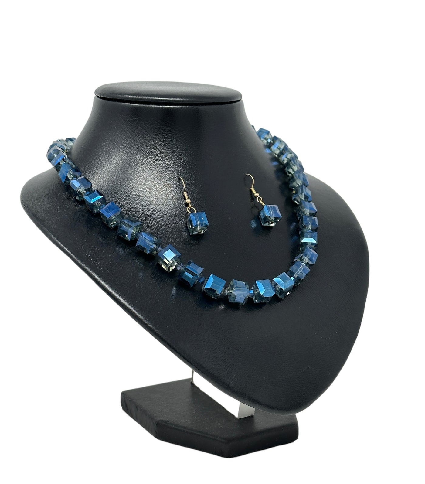 Blue Cube Beaded Necklace With Earrings