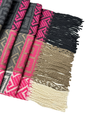 Pink & Charcoal Aztec Print Scarf with Fringe