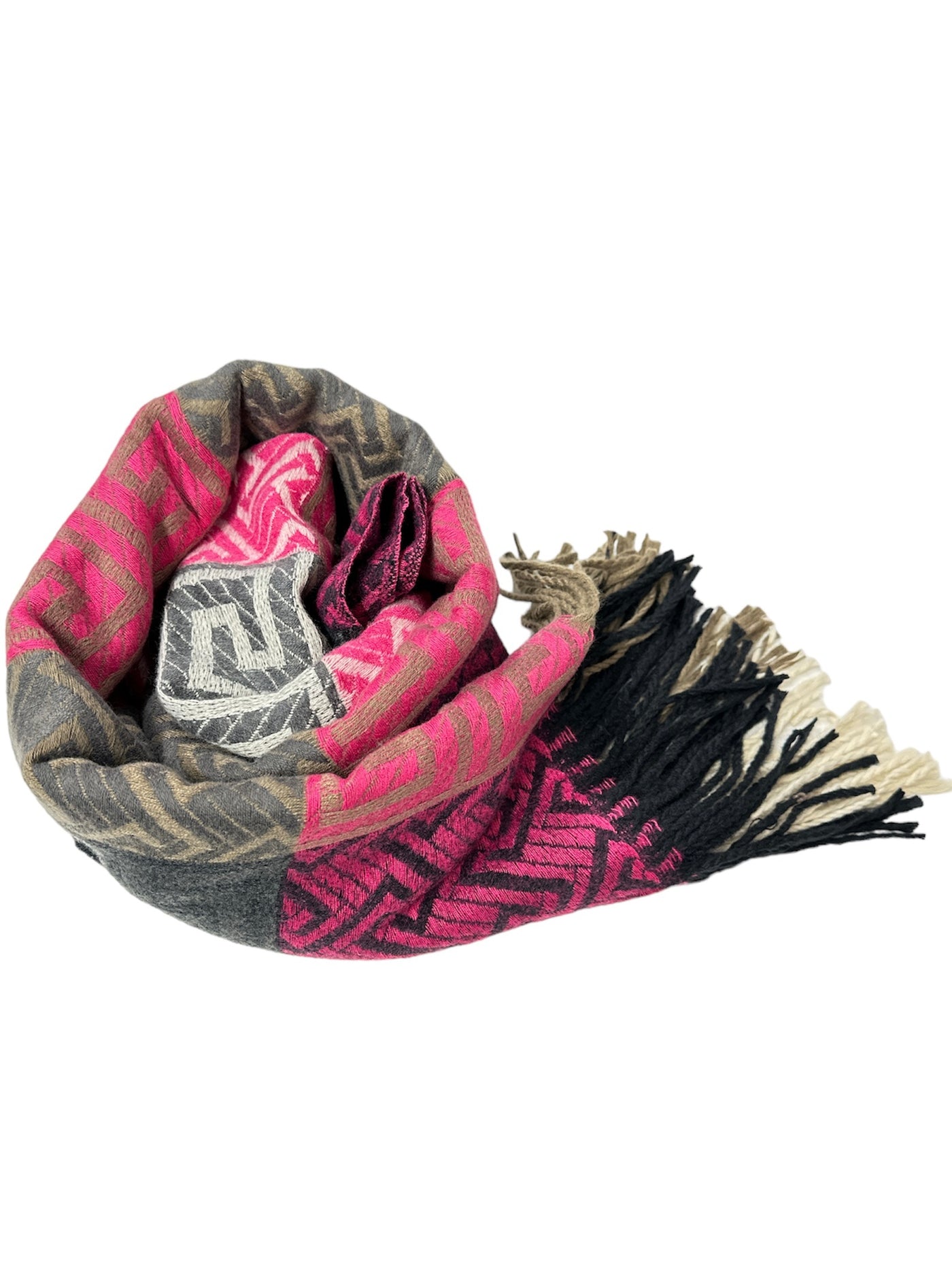 Pink & Charcoal Aztec Print Scarf with Fringe