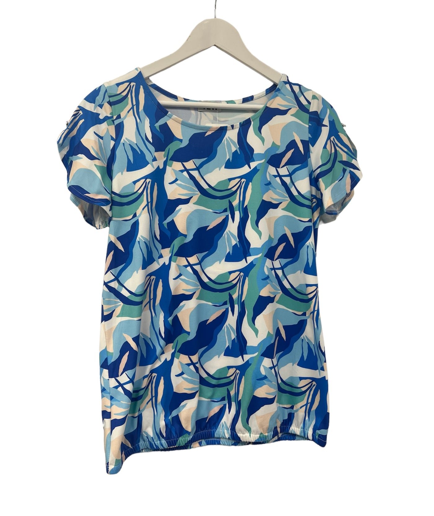 Blue/White/Green Abstract Print Short Sleeve Top With Elasitcated Band