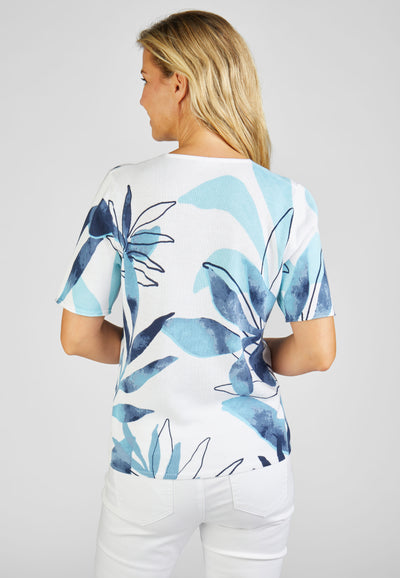 White Light Weight "Salty Breeze" Jumper With Blue Leaf Pattern & Short Sleeves