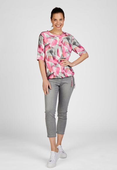 Pink & Grey Abstract Print T-Shirt with Hem Tie Detail
